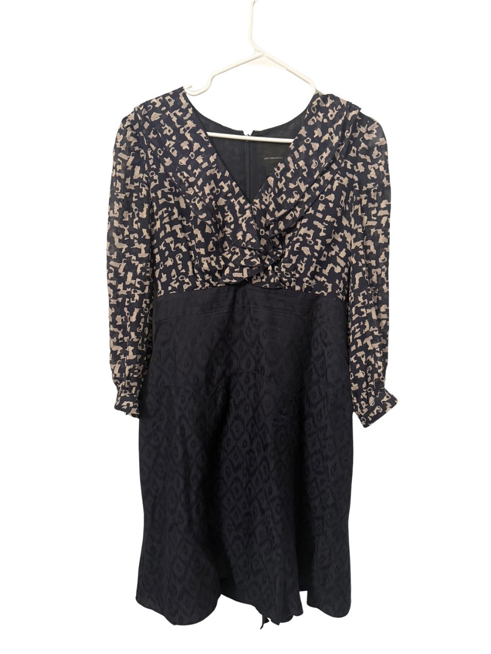 Anna Sui by Anthropologie - Black and Beige Long Sleeve Mixed-Print Dress